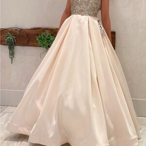 Sherri Hill Cream and Gold Pageant Formal Ballgown